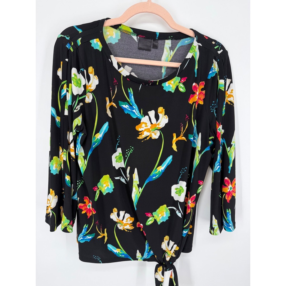 Rafaella Floral Tie Front Top Womens Medium Black Split Sleeve Scoop Neck Blouse - Picture 7 of 7